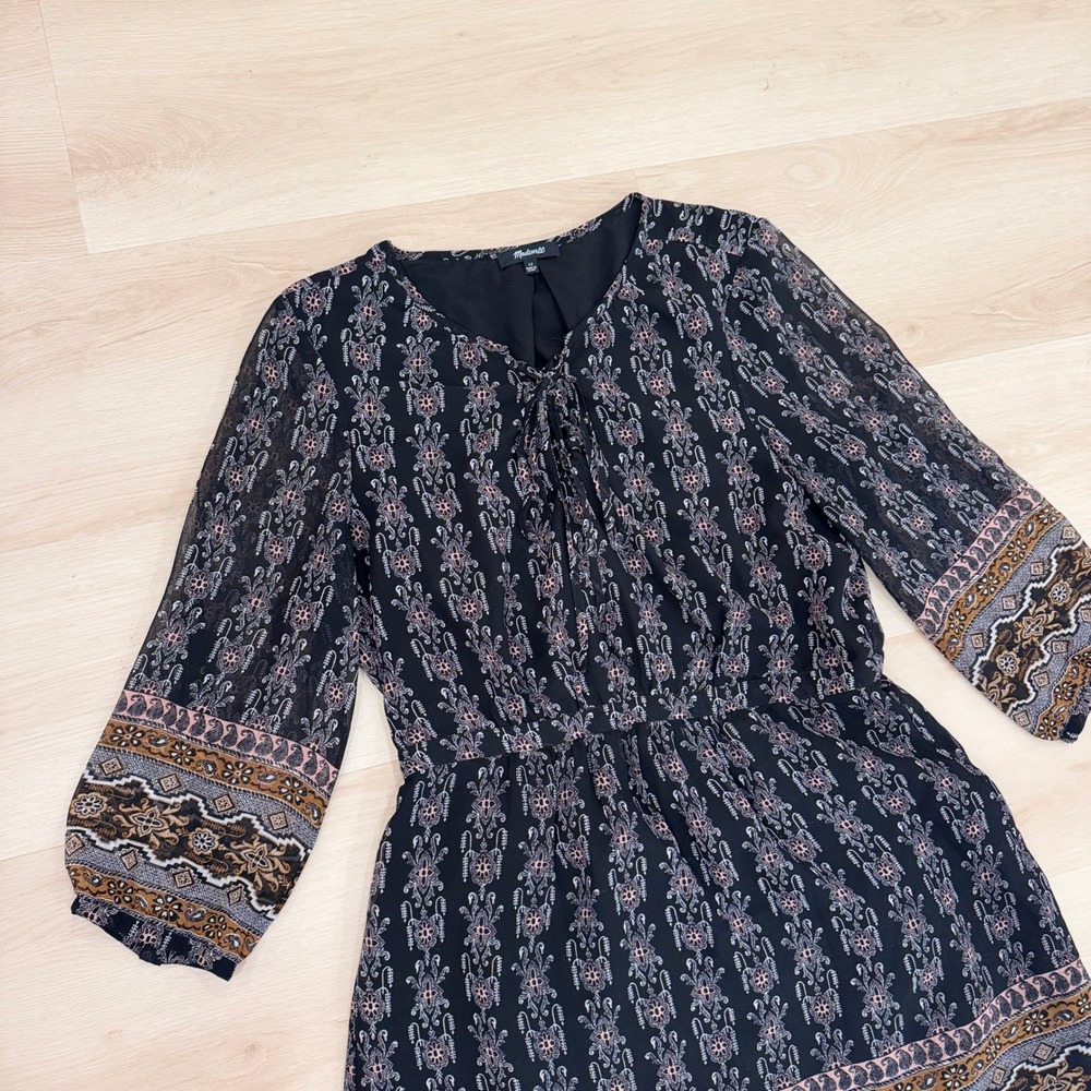 Madewell Long Sleeve Mini Dress Damask Print Allover Cinched Waist Blue 12 Boho - Picture 14 of 15